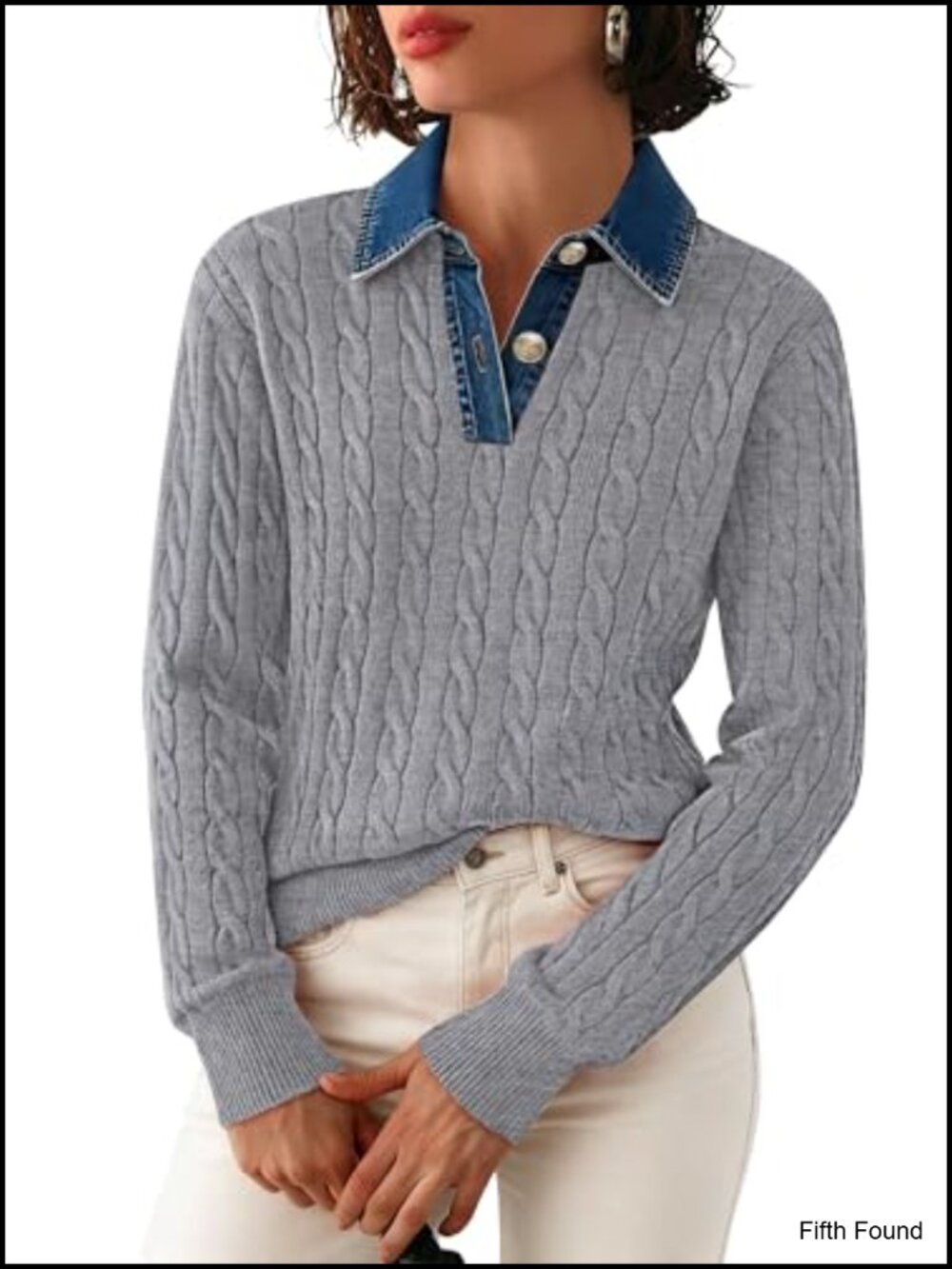 Denim Lapel V Neck Cable Knit Loose Pullover Sweater
